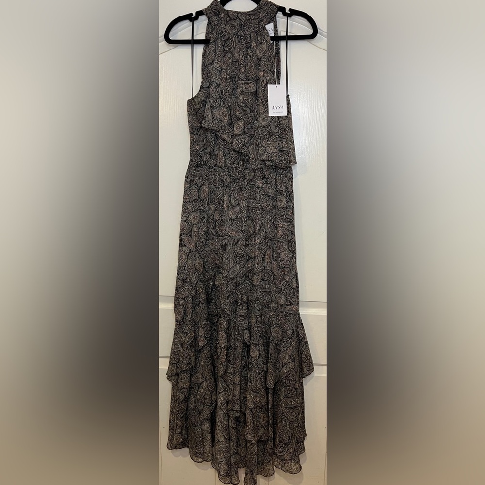 MISA Los Angeles Aneva Midi Halter Dress Paisley Shimmer White WMN SZ MEDIUM NWT - Picture 3 of 13